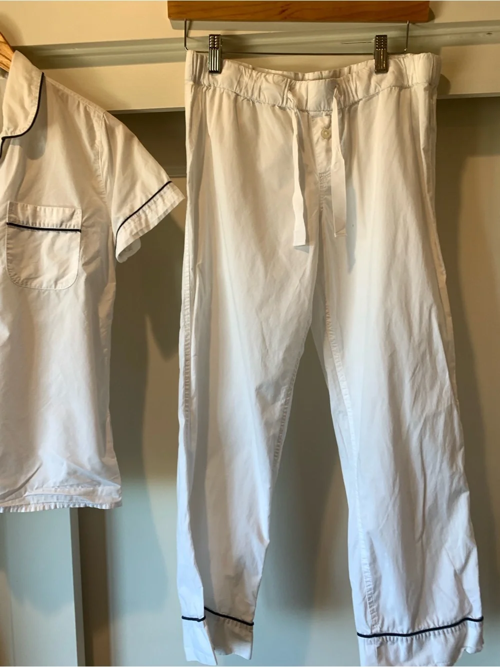 J. Crew White Cotton Pajama Set with Navy Piping